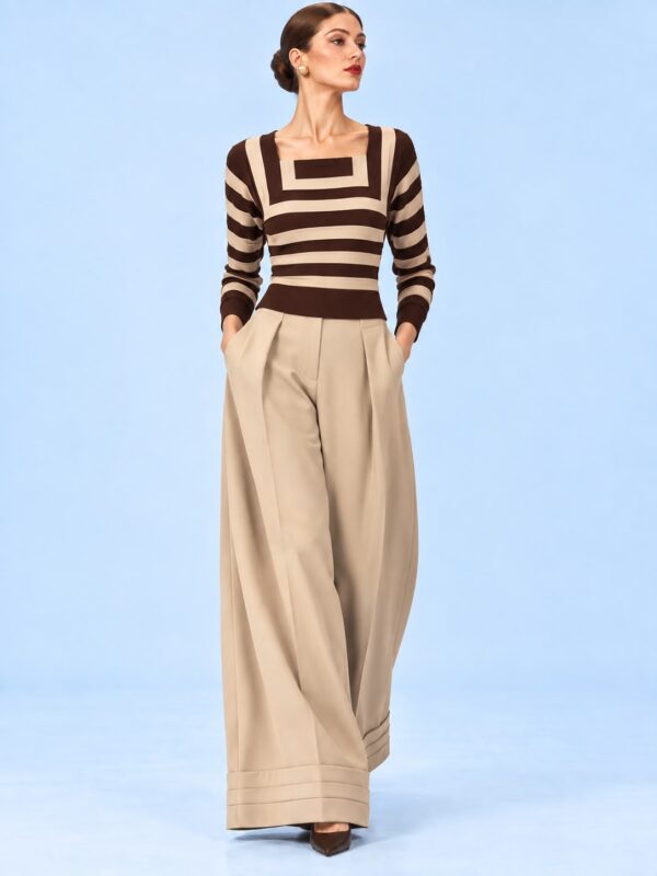 Conjunto Líneas Silenciosas beige de Deamo Noblesse, modelo de frente